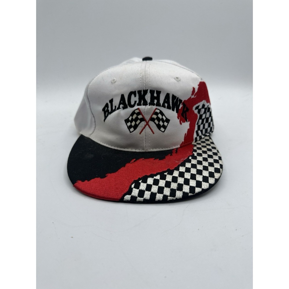 Vintage Blackhawk Racing Snapback‎ Hat Checkered Flags White Red Nissun Cap